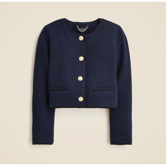 J.Crew Tweed Bomber Lady Jacket Navy Wool Blend Preppy Cropped Relaxed US 12 NWT - Picture 5 of 11